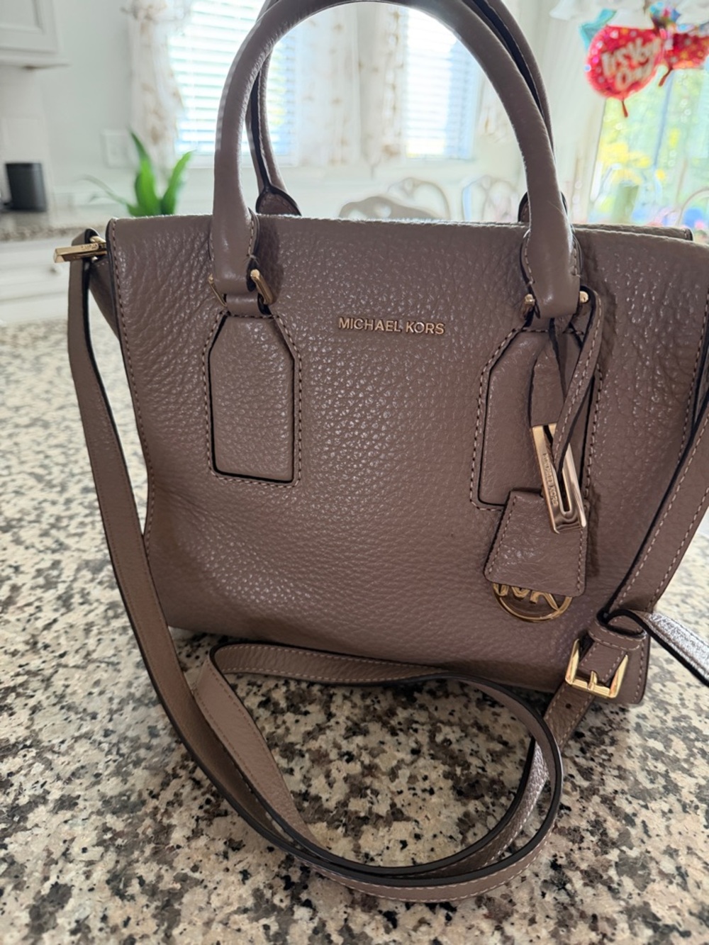 Michael Kors Pebbled Leather Satchel in Taupe Brown with Gold Hardware